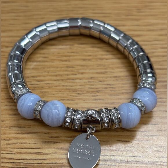 Henri Bendel New York Moonstone and Silver Tone Beaded Bracelet Rhinestones - Picture 5 of 5